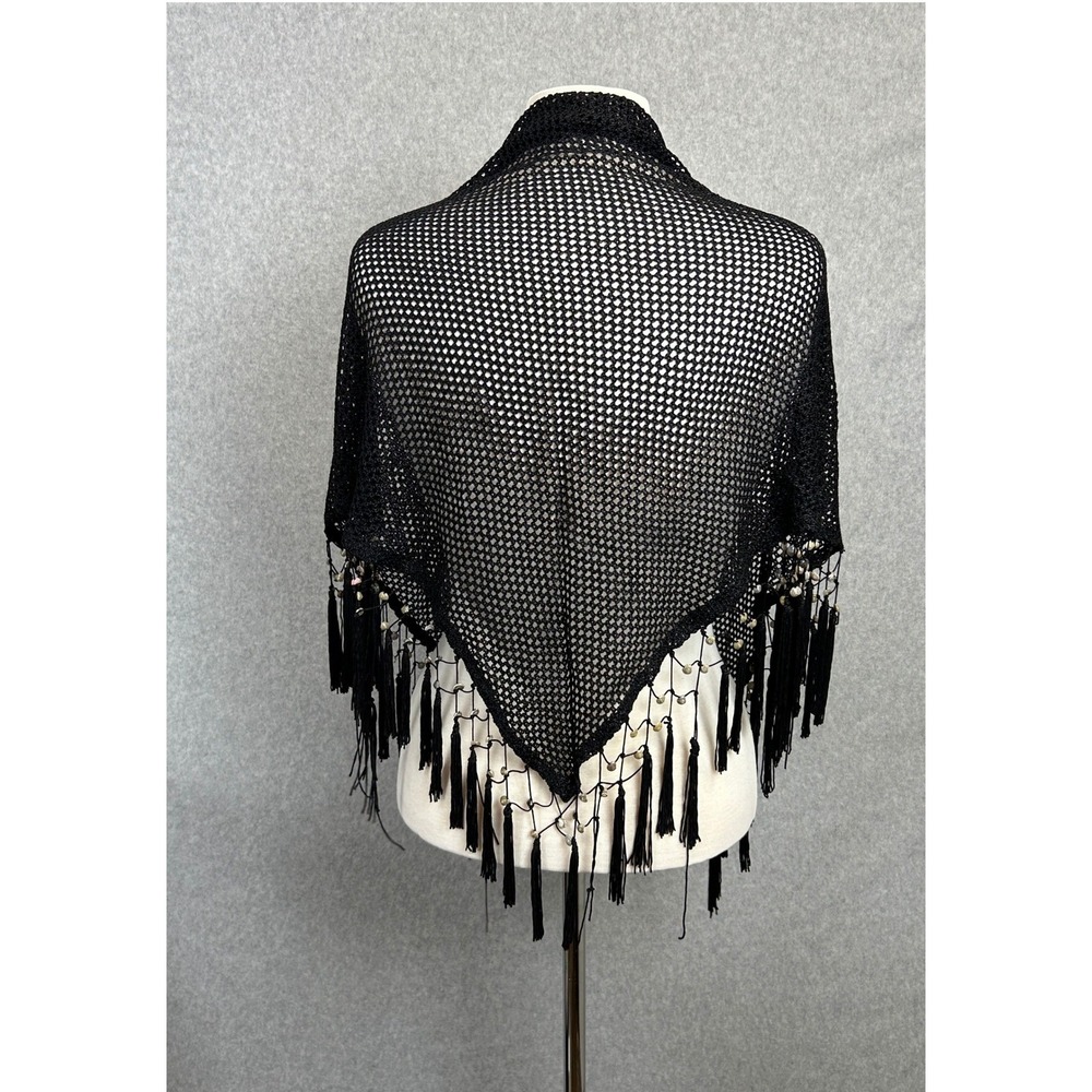 Collection XIIX Shawl Drape Black Open Crochet Shell Bead Tassel Fringe Wrap NEW